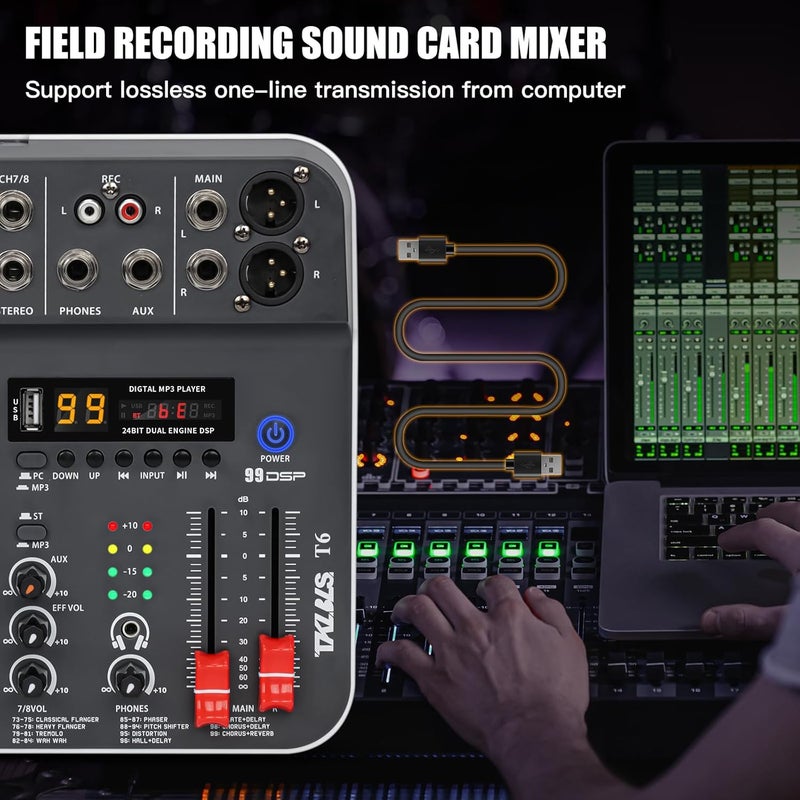 TKLBLS Audio Mixer, Studio Audio Sound Mixer Board, 6 Channel Unpowered Recording Mixers w/USB Audio Interface, DJ Mixer with 48V Phantom Power for KTV, Live Shows, Streaming, Conferences - Image 5